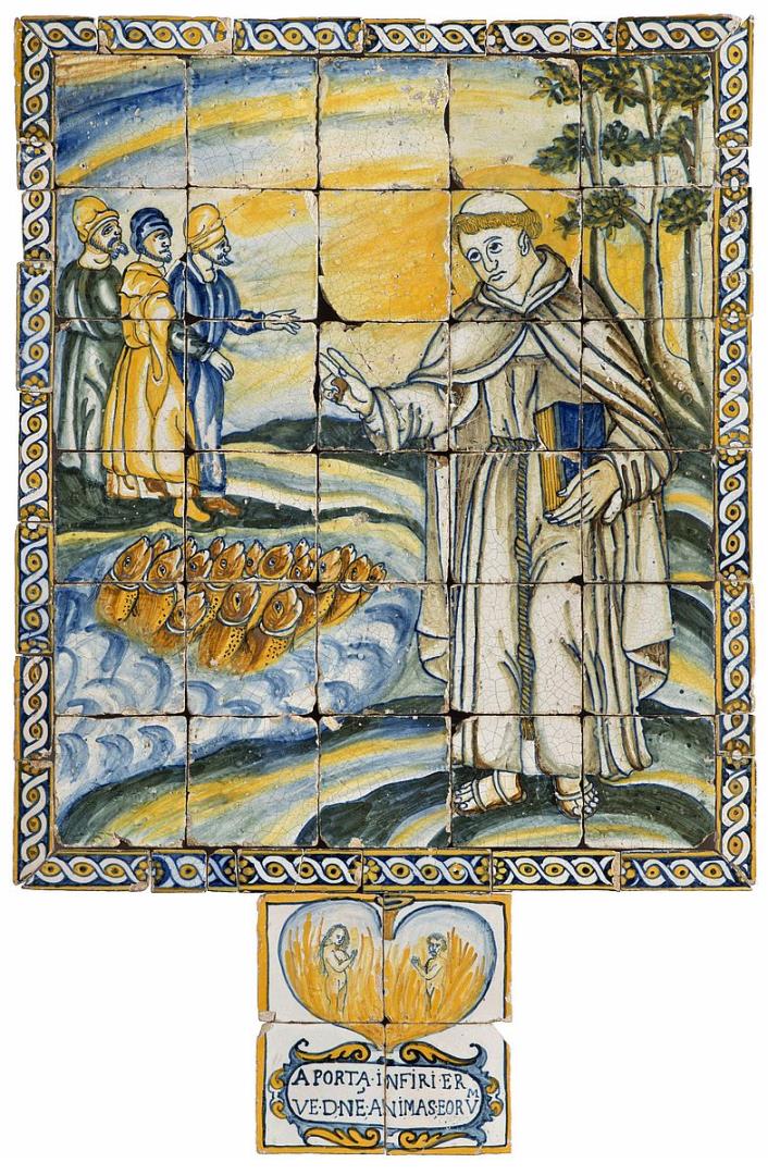 Registo de azulejos com o Milagre de Santo António "pregando aos peixes" / Alminhas<br>