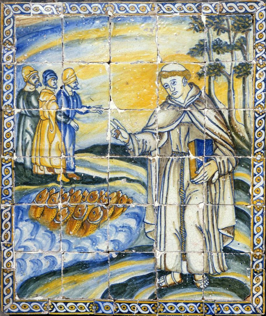 Registo de azulejos com o Milagre de Santo António "pregando aos peixes" / Alminhas<br>